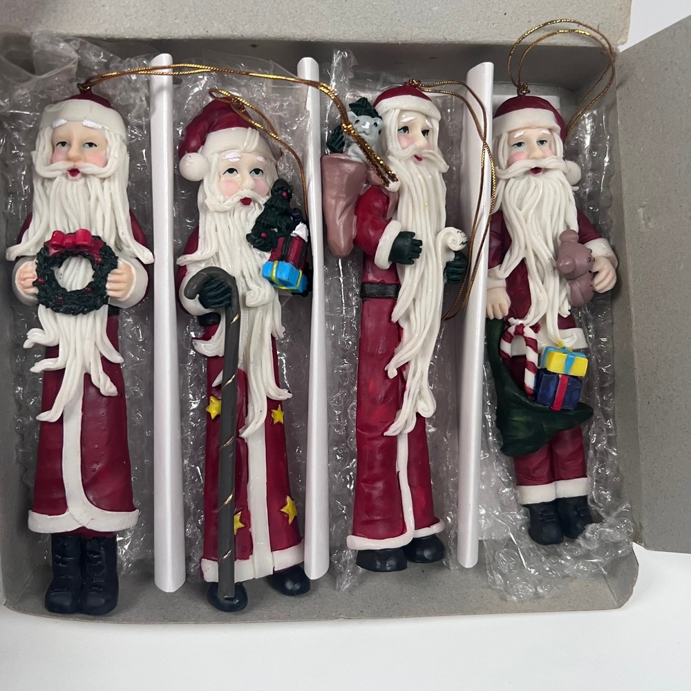 Set of 4 Slim Santa Claus Christmas‎ Ornaments VTG Hanging Decor Resin St. Nick